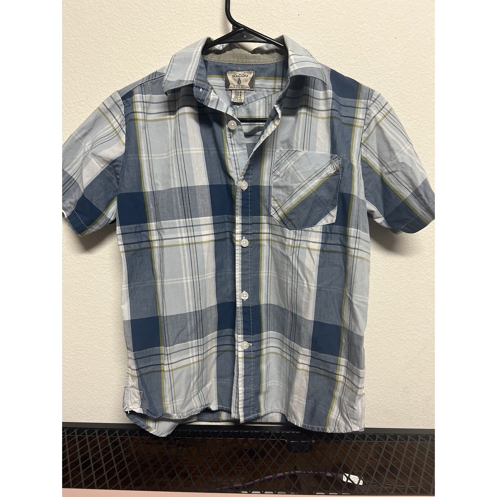 Kids Volcom Blue/White Plaid Button Up Short Sleeve Shirt‎ Size M